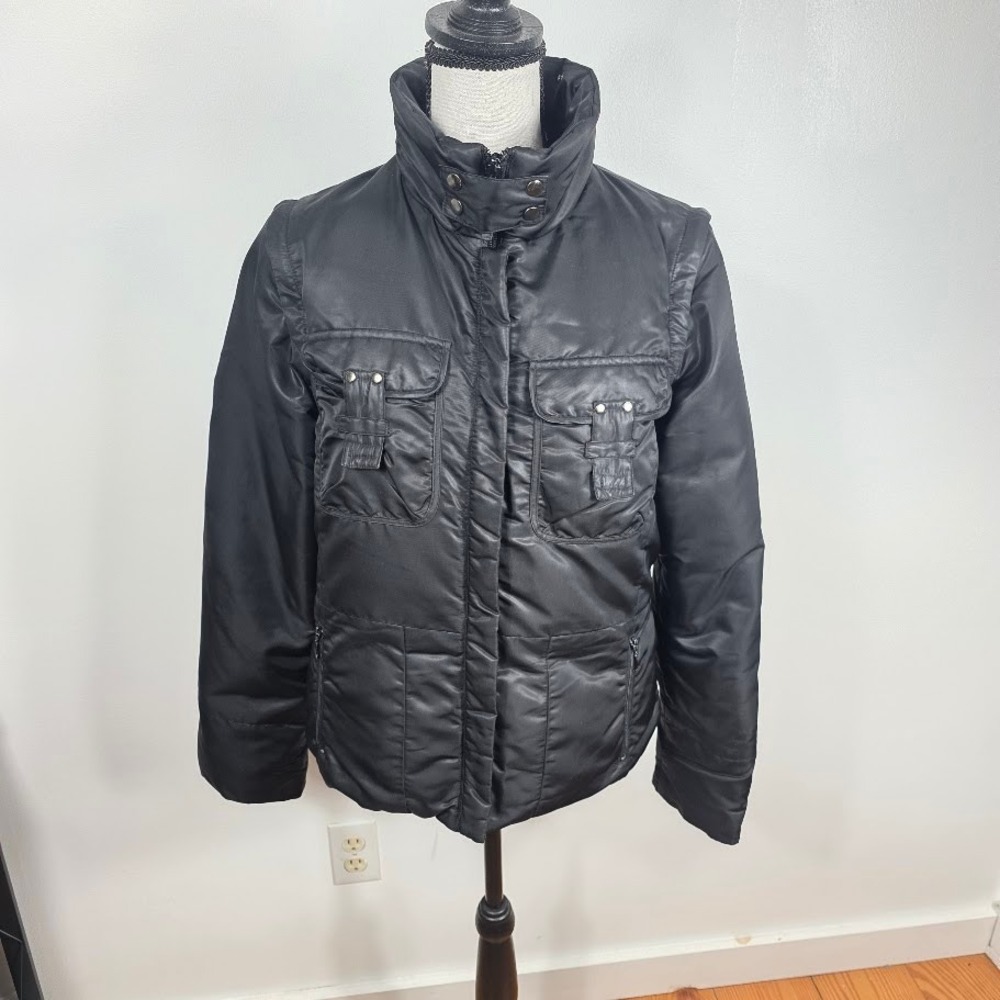 1 Madison Womens Black Puffer Jacket Medium Stand Collar‎ Utility Zip Snap